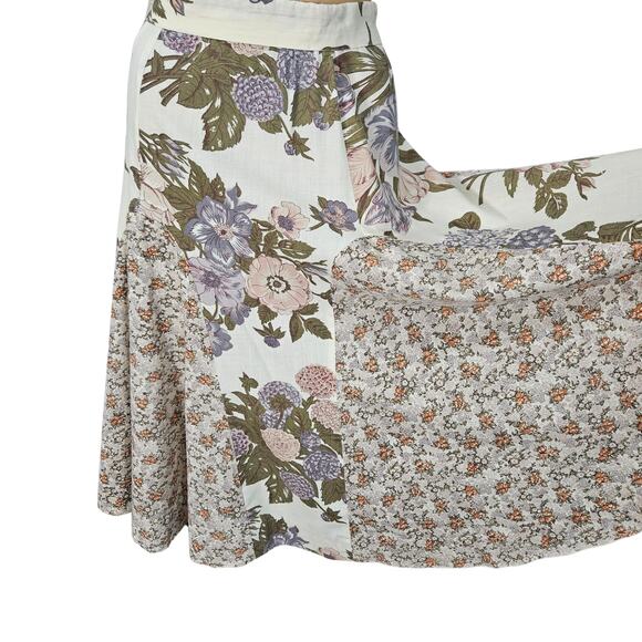 1960s Patchwork Brown Cream Handmade Floral Print Midi Mermaid Cut Skirt Size XS - Picture 5 of 8